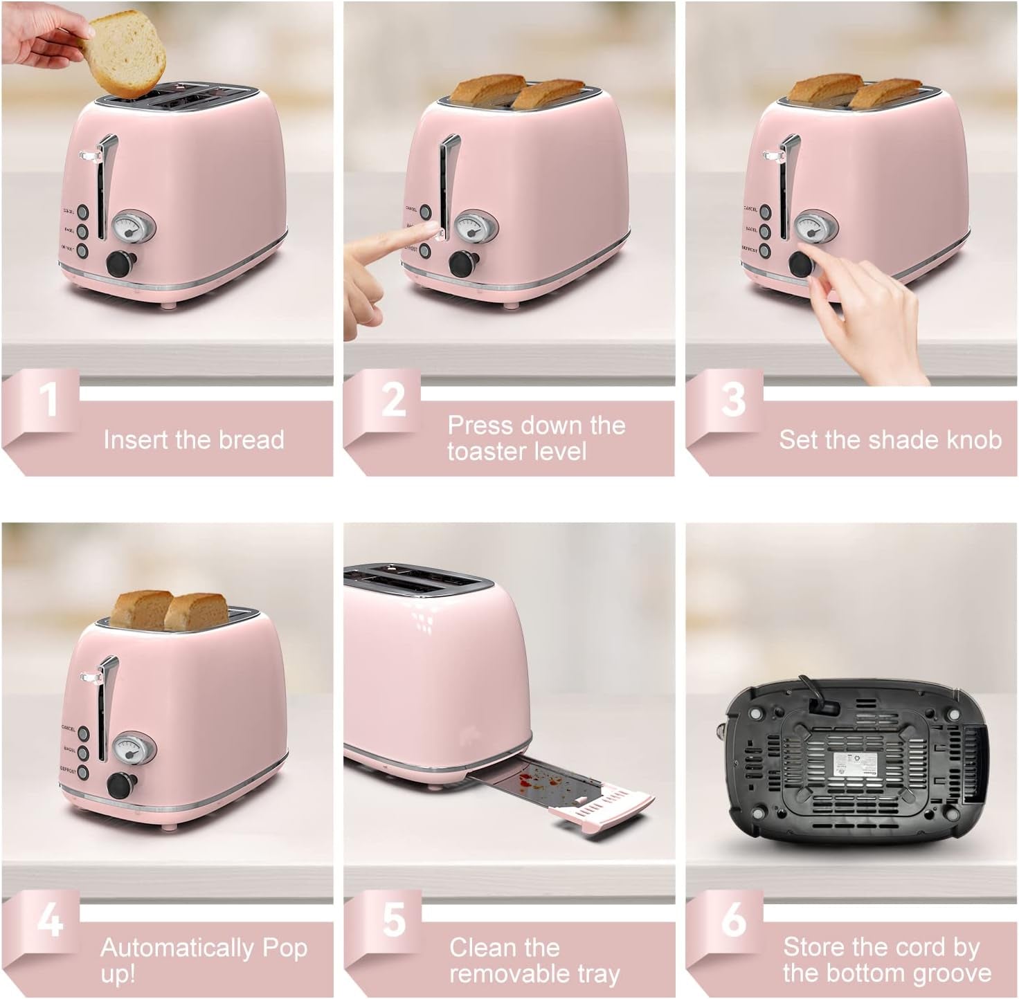 2-Slice Retro Stainless Steel Toaster with 6 Settings, 1.5-Inch Extra Wide Slots, Bagel/Defrost/Cancel Functions, and Removable Crumb Tray in Baby Pink