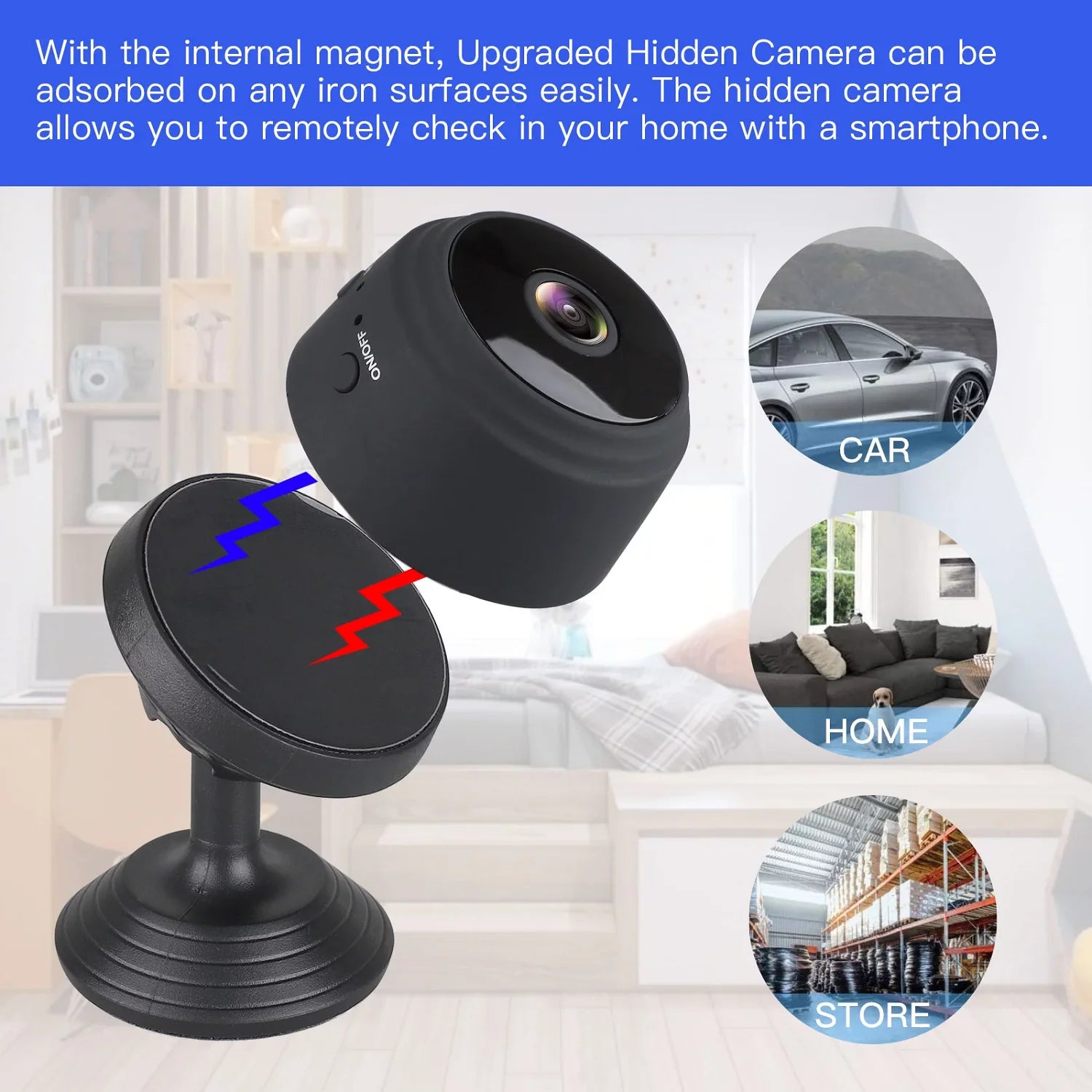 Mini Wireless Security Camera - Full HD 720P Portable Nanny Cam with Night Vision, Video Recording, and Motion Detection for Home, Vehicle, Office, and Outdoor Applications