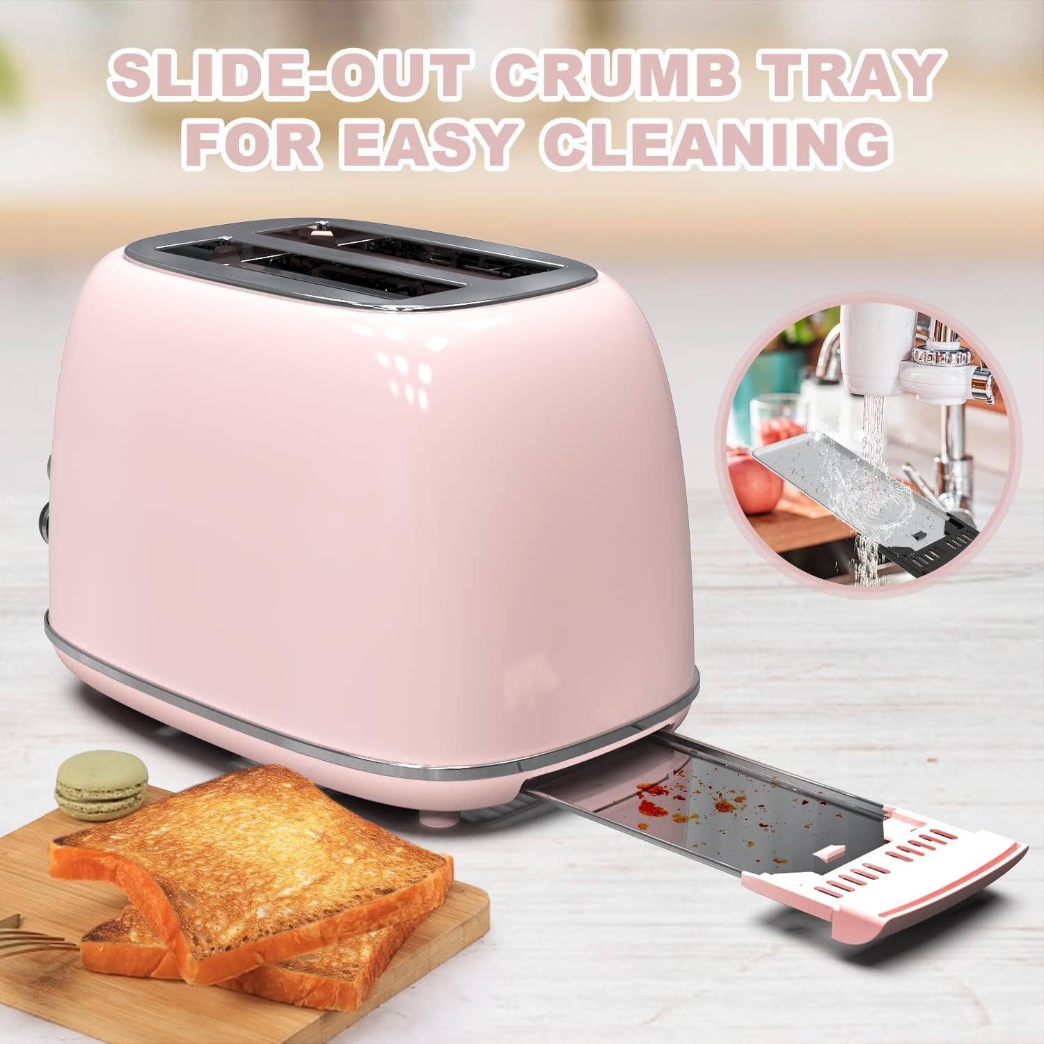 2-Slice Retro Stainless Steel Toaster with 6 Settings, 1.5-Inch Extra Wide Slots, Bagel/Defrost/Cancel Functions, and Removable Crumb Tray in Baby Pink