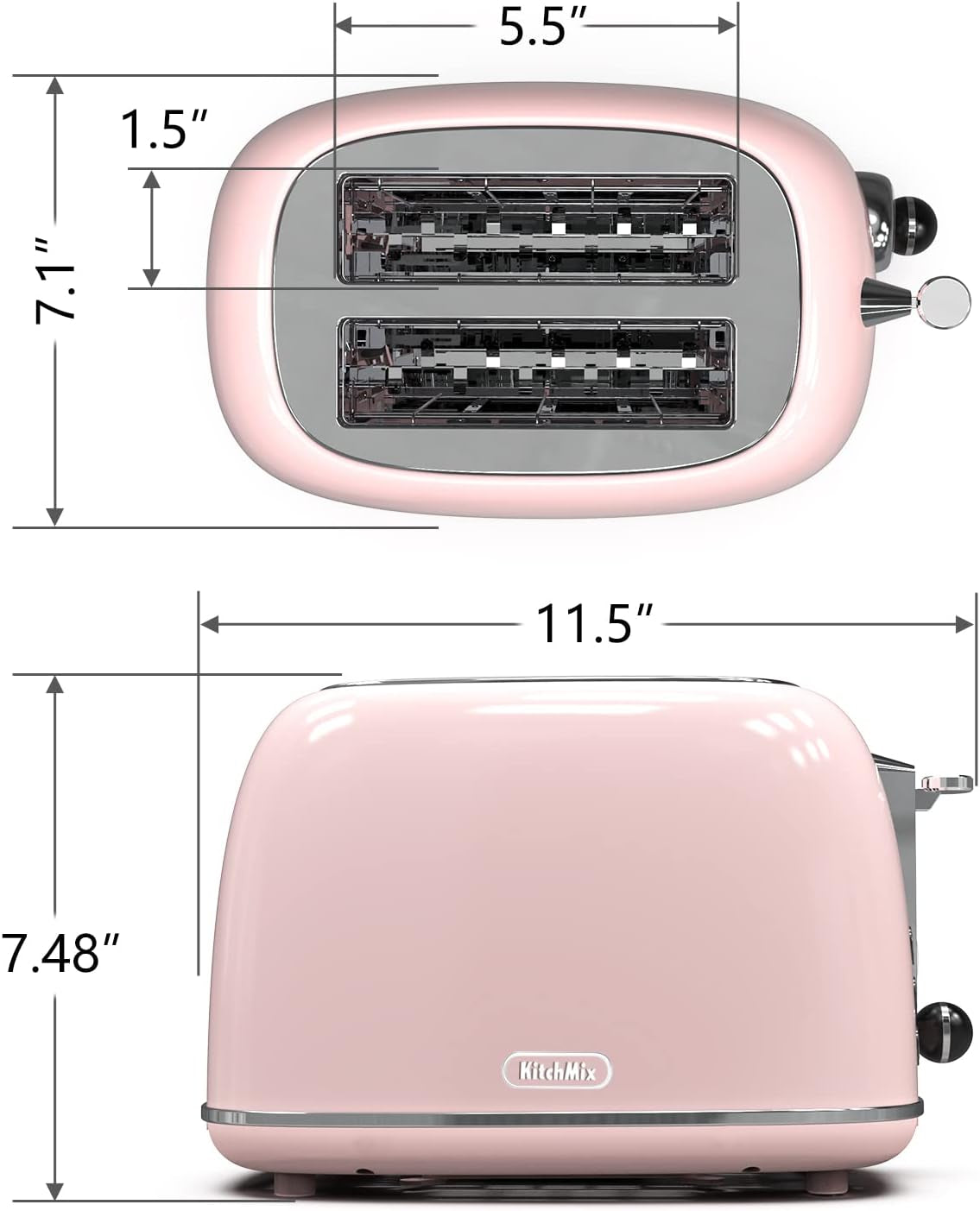 2-Slice Retro Stainless Steel Toaster with 6 Settings, 1.5-Inch Extra Wide Slots, Bagel/Defrost/Cancel Functions, and Removable Crumb Tray in Baby Pink