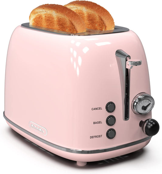 2-Slice Retro Stainless Steel Toaster with 6 Settings, 1.5-Inch Extra Wide Slots, Bagel/Defrost/Cancel Functions, and Removable Crumb Tray in Baby Pink