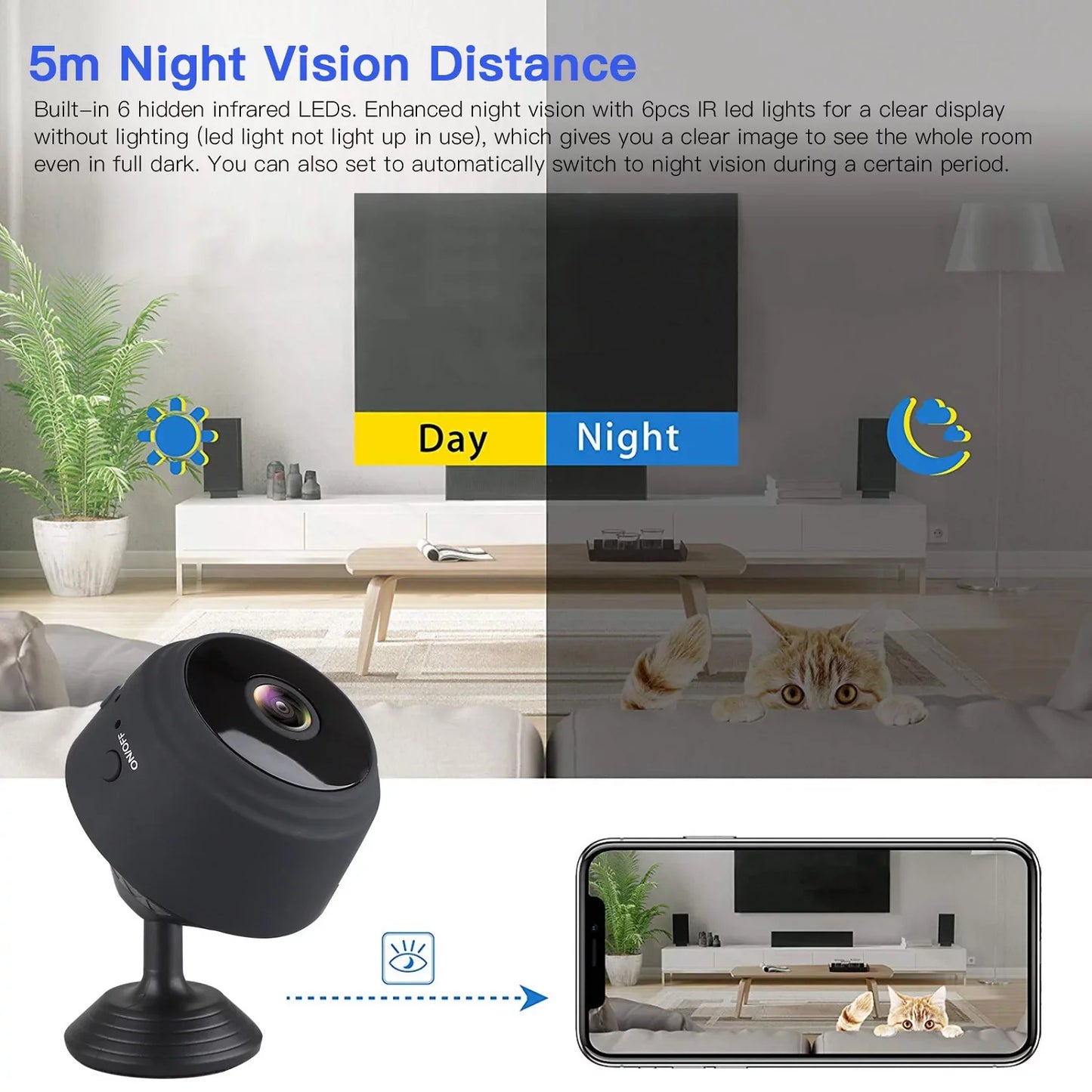 Mini Wireless Security Camera - Full HD 720P Portable Nanny Cam with Night Vision, Video Recording, and Motion Detection for Home, Vehicle, Office, and Outdoor Applications