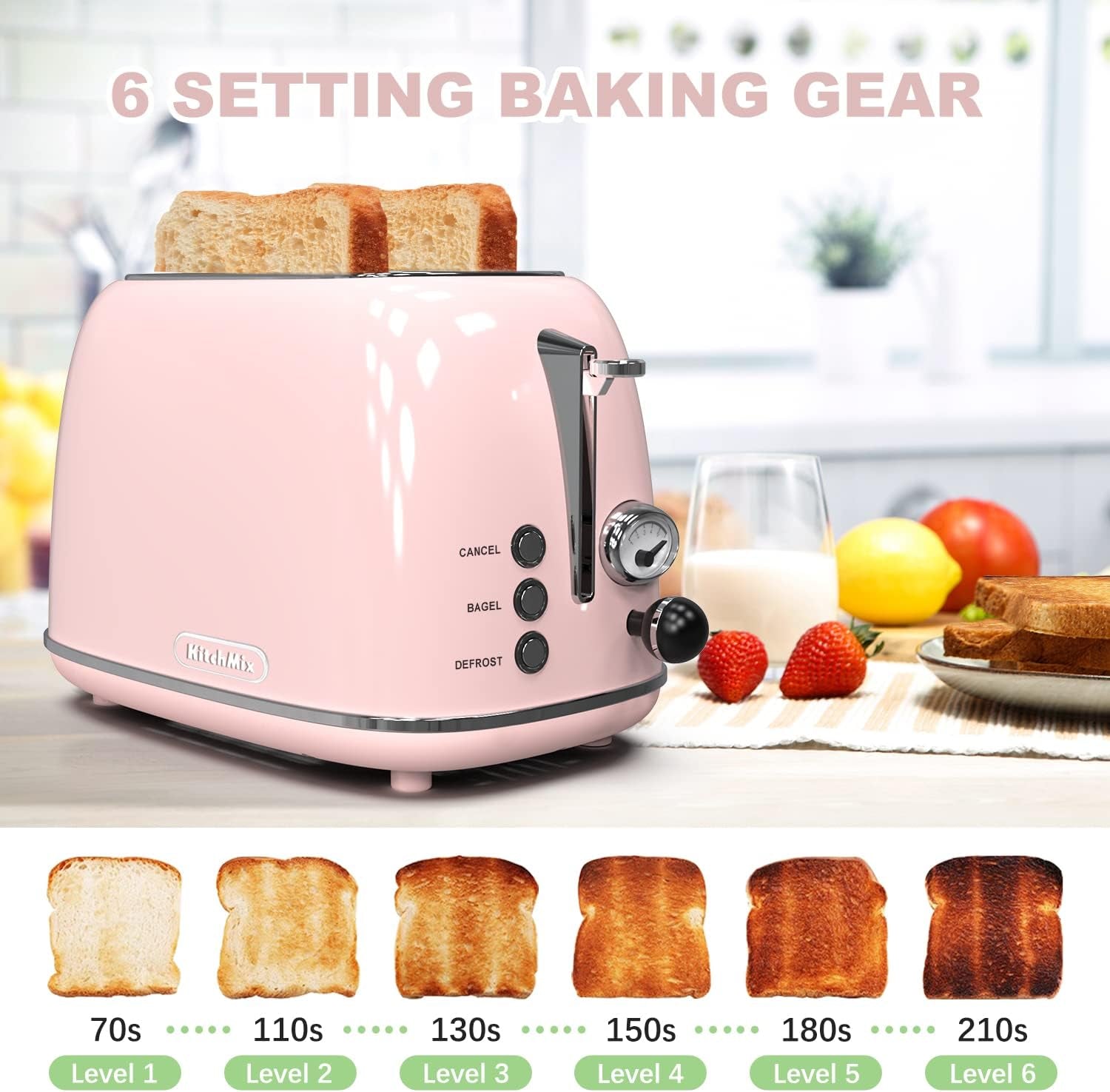 2-Slice Retro Stainless Steel Toaster with 6 Settings, 1.5-Inch Extra Wide Slots, Bagel/Defrost/Cancel Functions, and Removable Crumb Tray in Baby Pink
