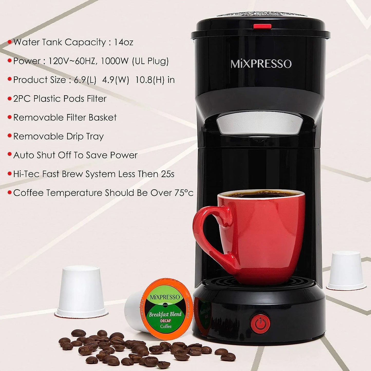 Compact 2-in-1 Single Serve Coffee Maker, K-Cup Compatible, 14 Oz, Black