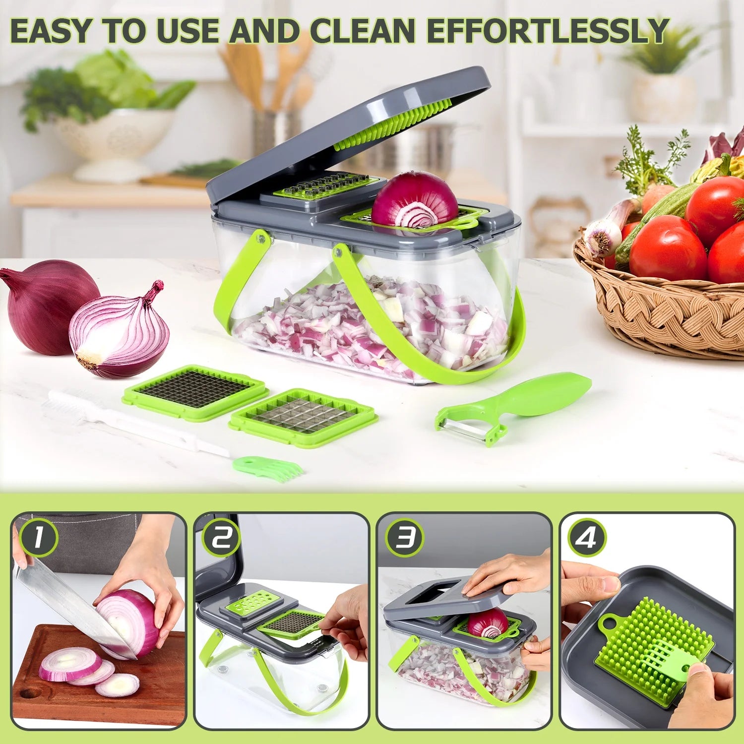 22-in-1 Multifunctional Vegetable Chopper and Dicer with 13 Stainless Steel Blades, Container, and Colander Drain Basket