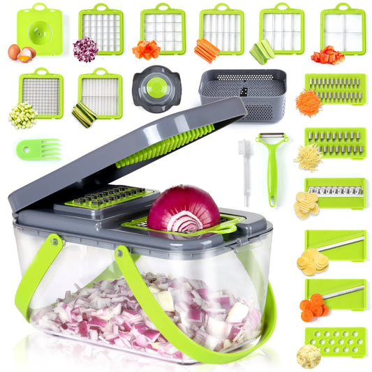 22-in-1 Multifunctional Vegetable Chopper and Dicer with 13 Stainless Steel Blades, Container, and Colander Drain Basket