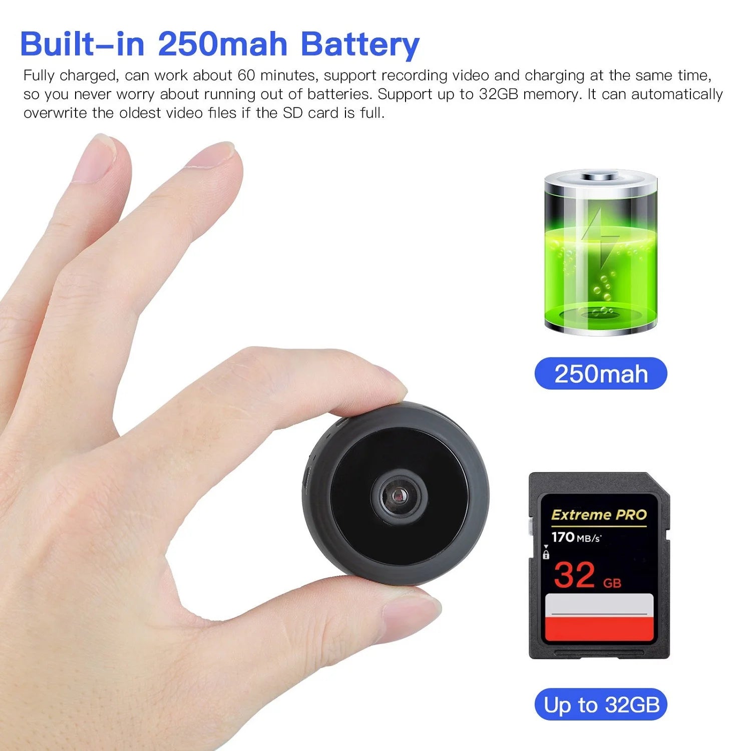 Mini Wireless Security Camera - Full HD 720P Portable Nanny Cam with Night Vision, Video Recording, and Motion Detection for Home, Vehicle, Office, and Outdoor Applications