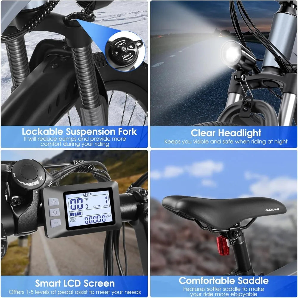 Electric Bike 26'', up to 50 Miles 21.7MPH with 48V 374.4WH Removable Battery, Adjustable Stem, Fenders,Lockable Suspension Fork