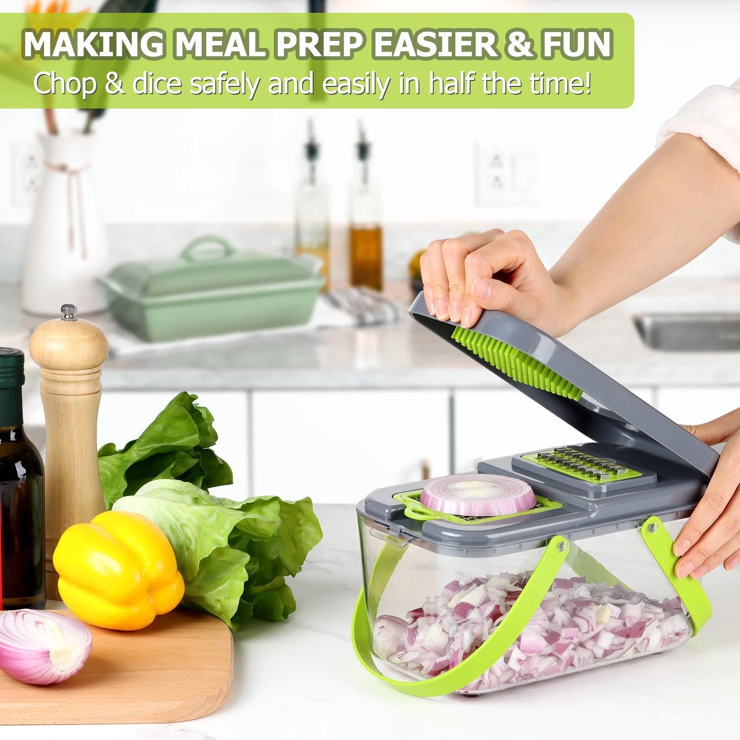 22-in-1 Multifunctional Vegetable Chopper and Dicer with 13 Stainless Steel Blades, Container, and Colander Drain Basket