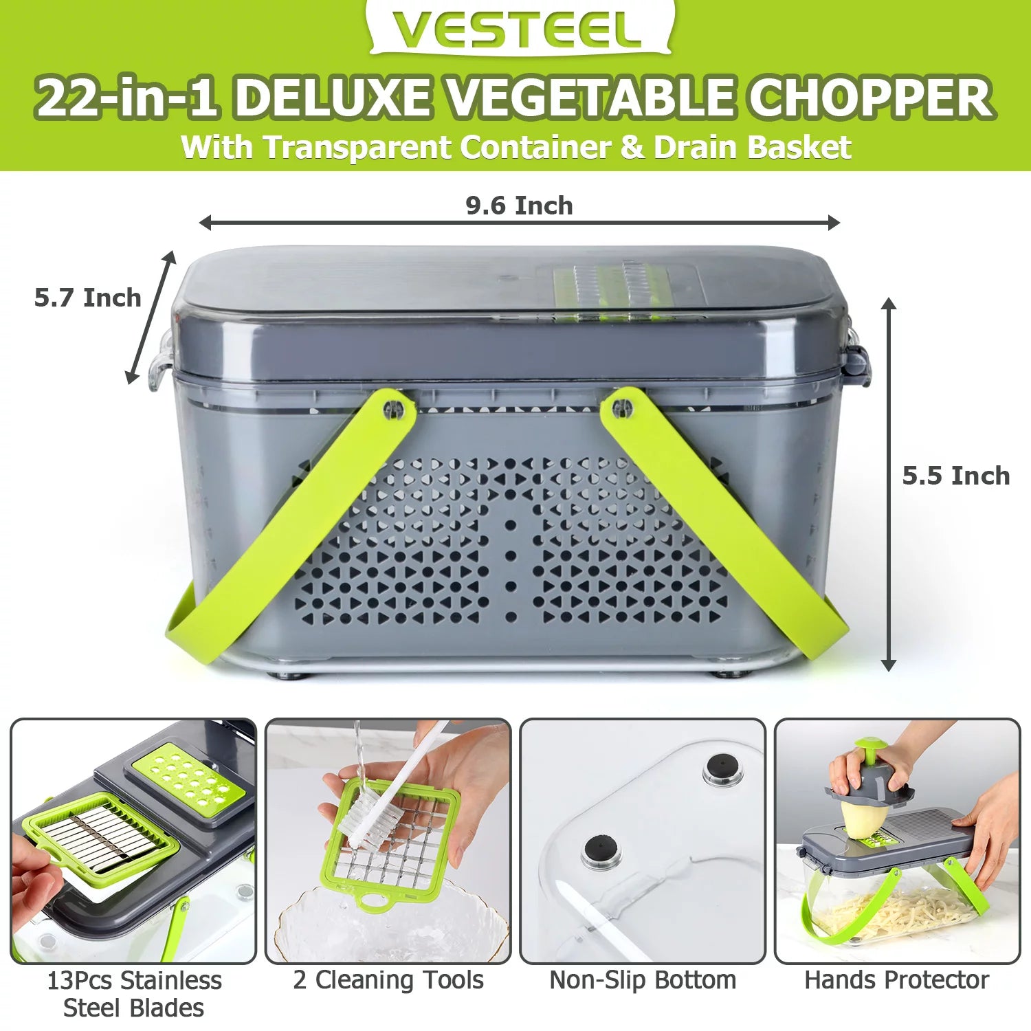 22-in-1 Multifunctional Vegetable Chopper and Dicer with 13 Stainless Steel Blades, Container, and Colander Drain Basket