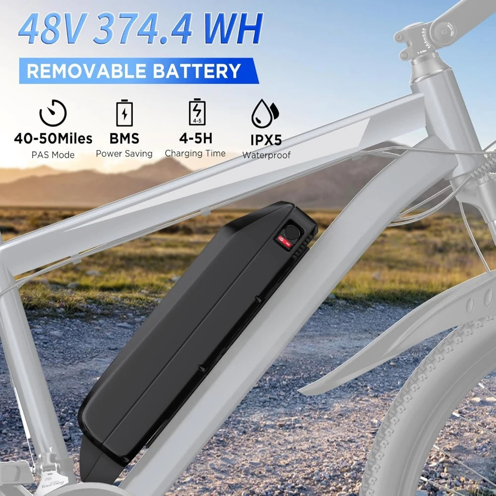 Electric Bike 26'', up to 50 Miles 21.7MPH with 48V 374.4WH Removable Battery, Adjustable Stem, Fenders,Lockable Suspension Fork