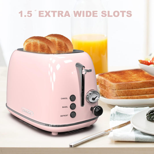 2-Slice Retro Stainless Steel Toaster with 6 Settings, 1.5-Inch Extra Wide Slots, Bagel/Defrost/Cancel Functions, and Removable Crumb Tray in Baby Pink