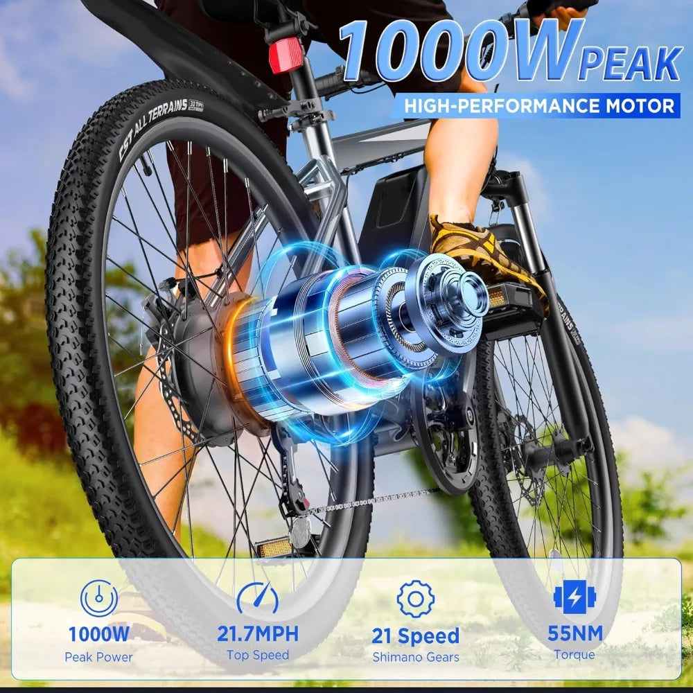Electric Bike 26'', up to 50 Miles 21.7MPH with 48V 374.4WH Removable Battery, Adjustable Stem, Fenders,Lockable Suspension Fork