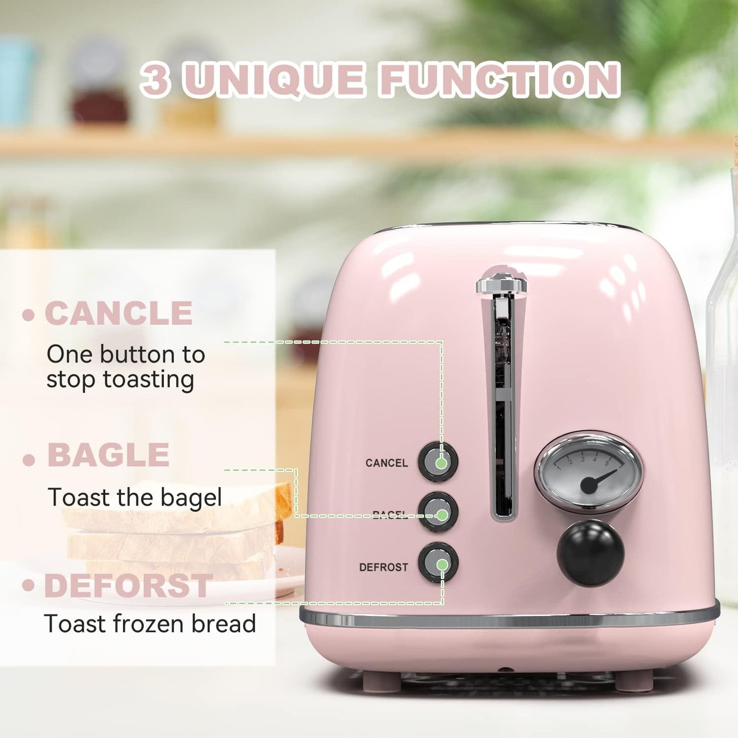 2-Slice Retro Stainless Steel Toaster with 6 Settings, 1.5-Inch Extra Wide Slots, Bagel/Defrost/Cancel Functions, and Removable Crumb Tray in Baby Pink
