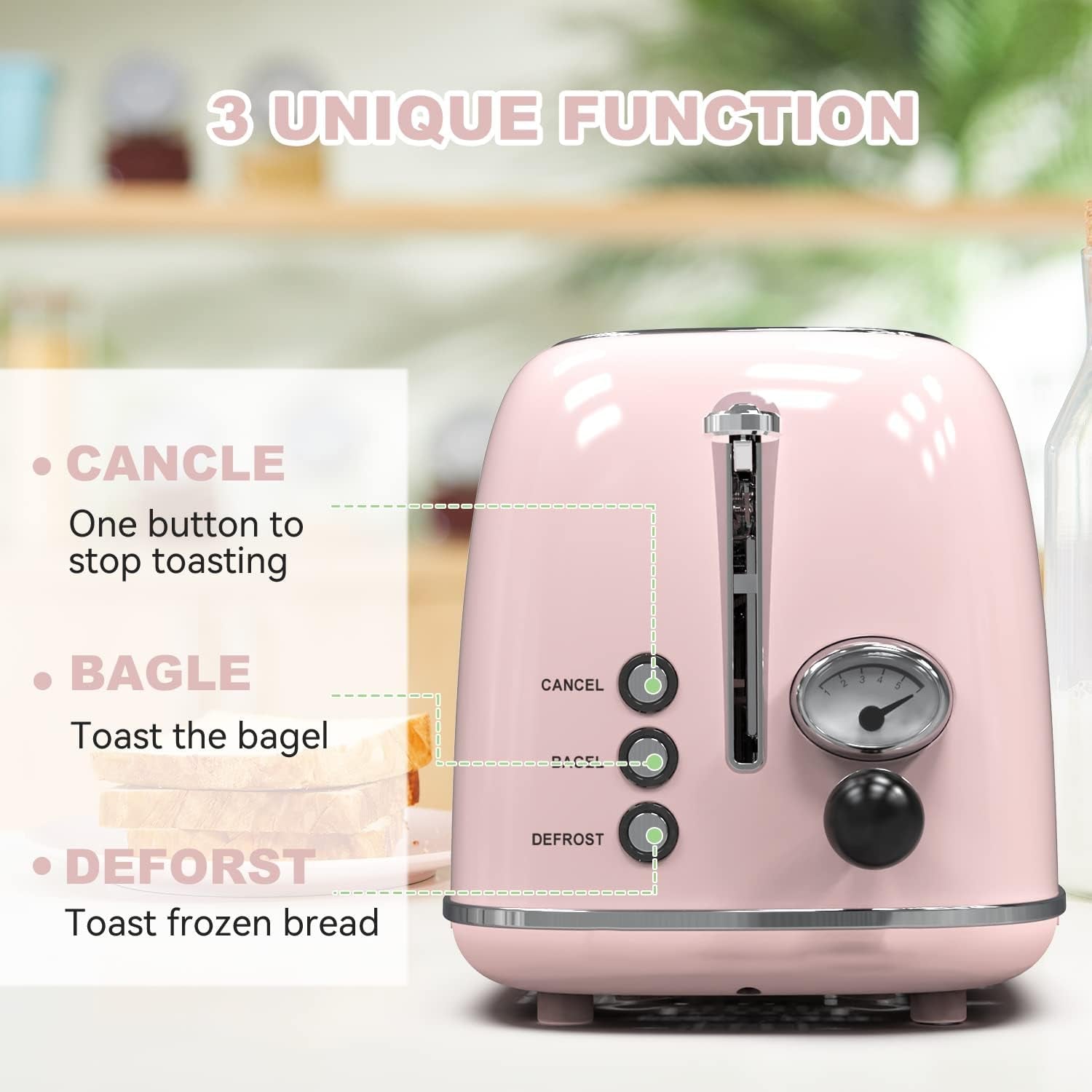 2-Slice Retro Stainless Steel Toaster with 6 Settings, 1.5-Inch Extra Wide Slots, Bagel/Defrost/Cancel Functions, and Removable Crumb Tray in Baby Pink