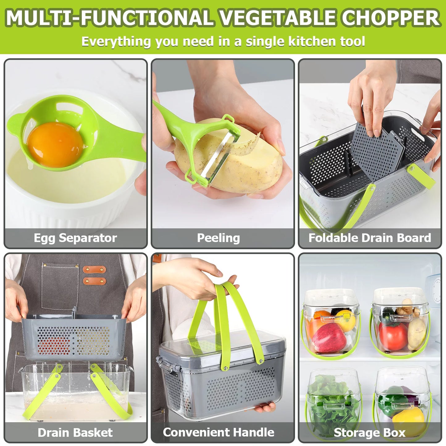 22-in-1 Multifunctional Vegetable Chopper and Dicer with 13 Stainless Steel Blades, Container, and Colander Drain Basket