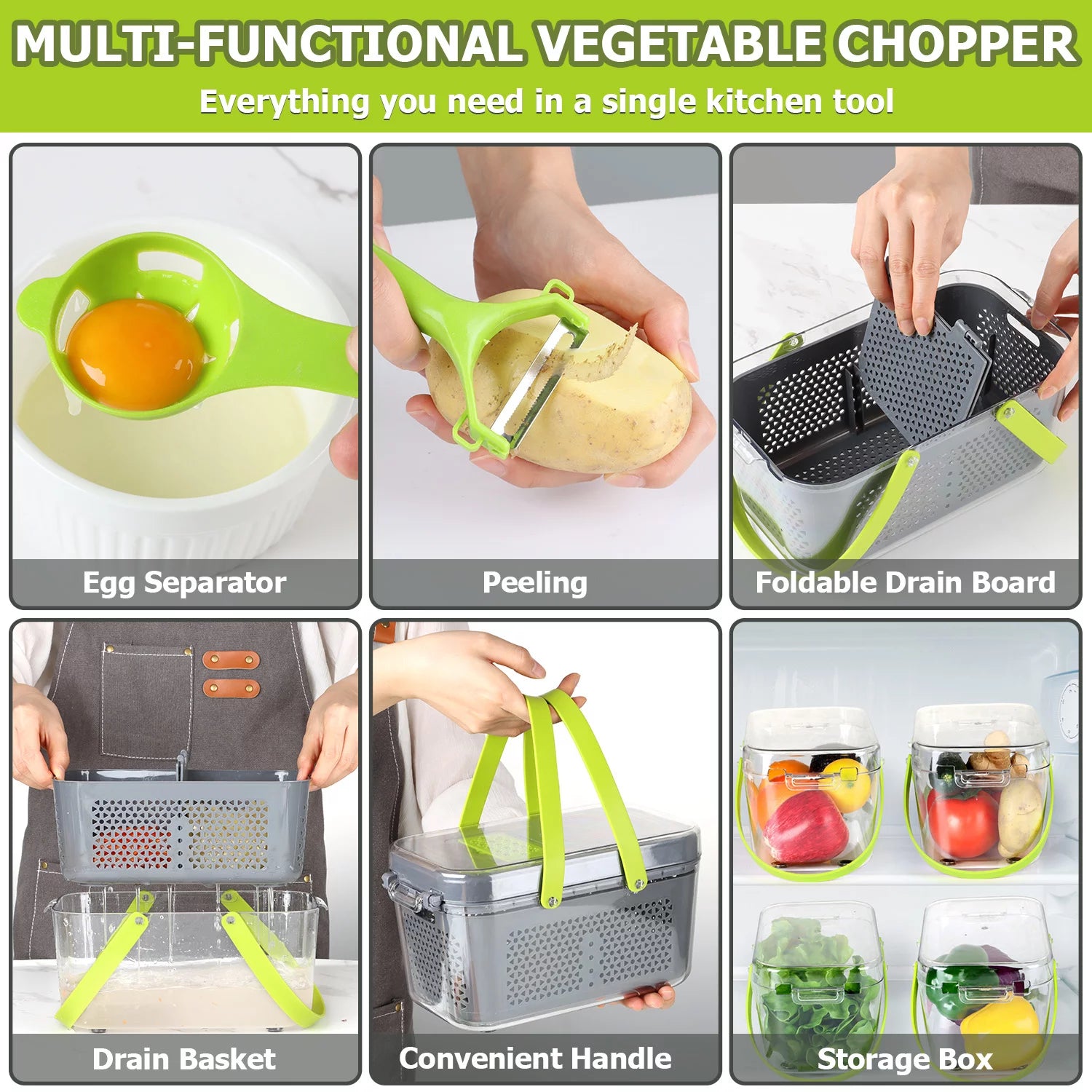 22-in-1 Multifunctional Vegetable Chopper and Dicer with 13 Stainless Steel Blades, Container, and Colander Drain Basket