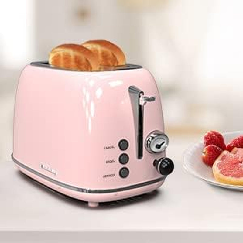 2-Slice Retro Stainless Steel Toaster with 6 Settings, 1.5-Inch Extra Wide Slots, Bagel/Defrost/Cancel Functions, and Removable Crumb Tray in Baby Pink