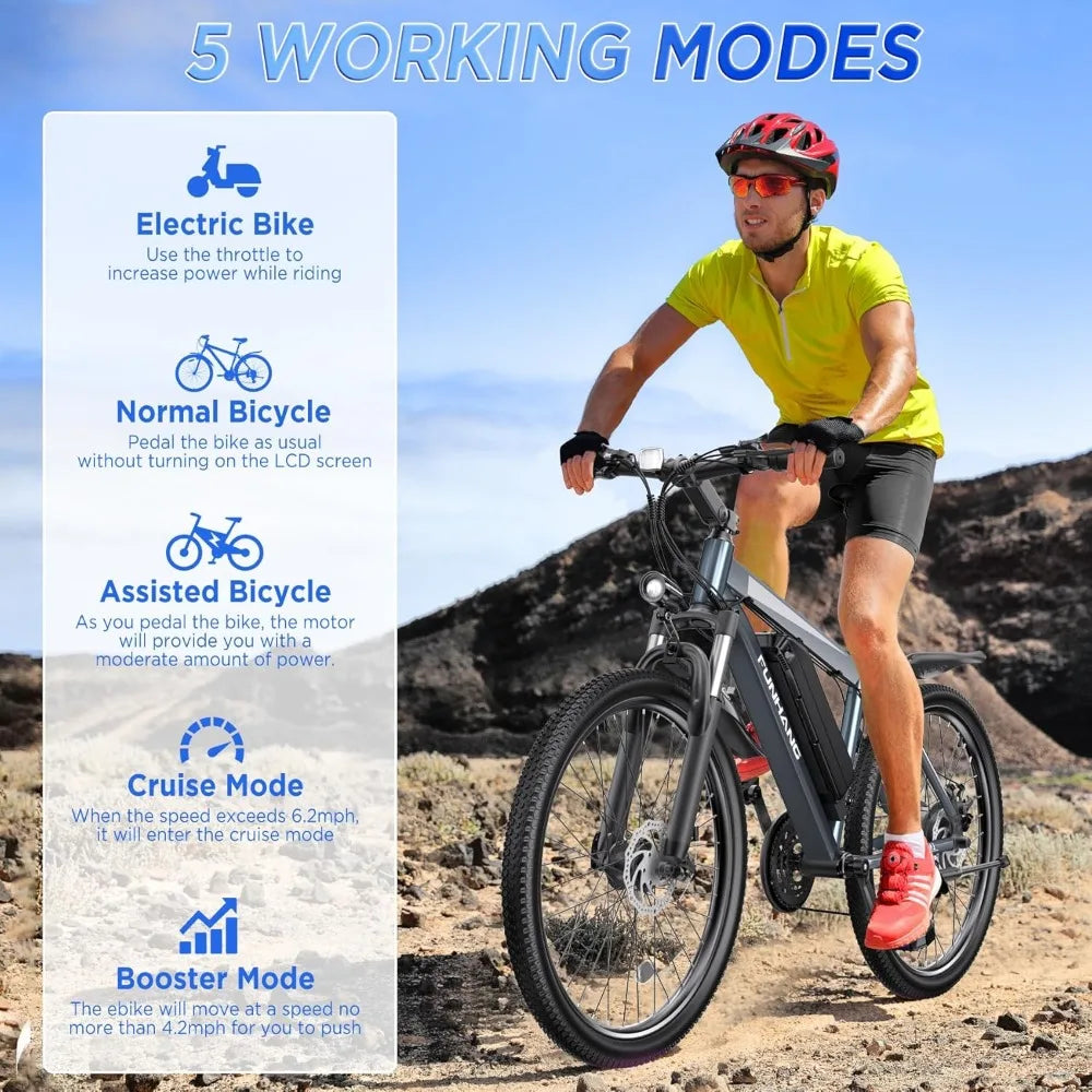 Electric Bike 26'', up to 50 Miles 21.7MPH with 48V 374.4WH Removable Battery, Adjustable Stem, Fenders,Lockable Suspension Fork