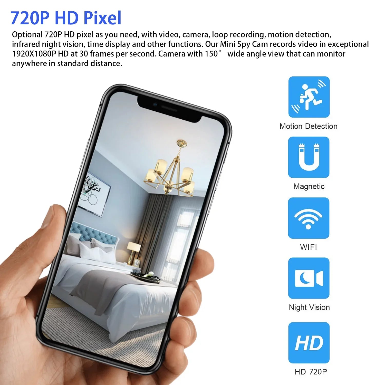 Mini Wireless Security Camera - Full HD 720P Portable Nanny Cam with Night Vision, Video Recording, and Motion Detection for Home, Vehicle, Office, and Outdoor Applications